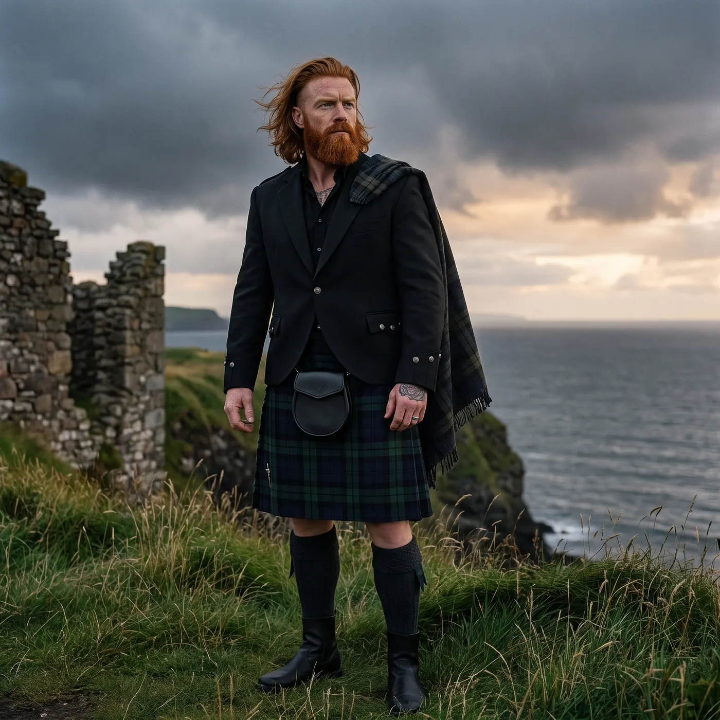 Finn in a black jacket and dark tartan kilt on a windswept coastal cliff beside old stone ruins