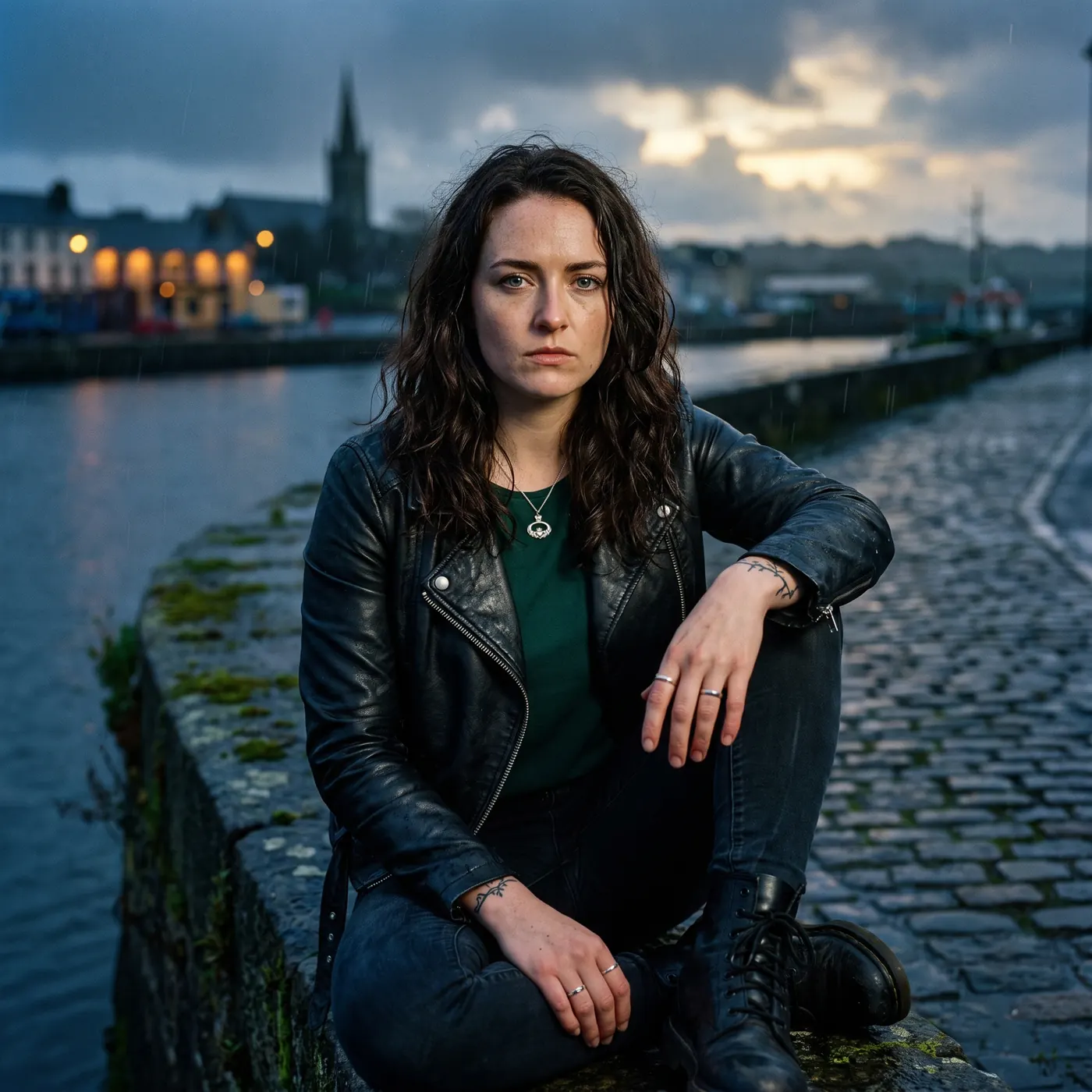 Saoirse Byrne, a dark-haired Irish vocalist in a black leather jacket, sitting on a wet stone harbor wall